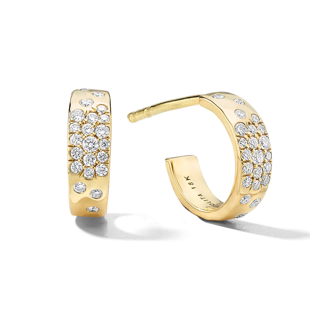 18K Gold Diamond Huggie Hoop Earrings with scattered pavé diamonds - Front View | IPPOLITA