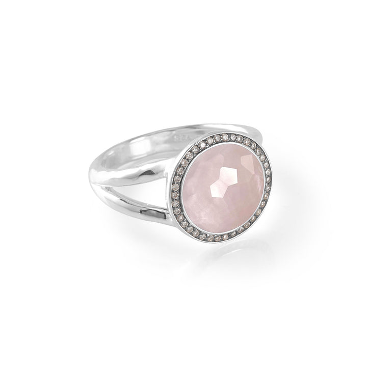 Rose Quartz over MOP Doublet Mini Lollipop Ring in 925 Silver - Angled Front View | IPPOLITA