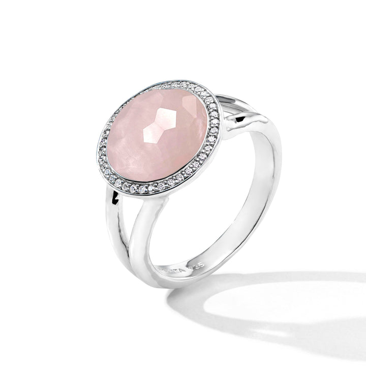 Rose Quartz Doublet Lollipop Ring with Diamond Halo in Sterling Silver - Side Profile | IPPOLITA